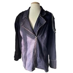 DG2 Diane Gilman Asymmetrical Stretch Denim Motorcycle Jacket Studded Chains 3X
